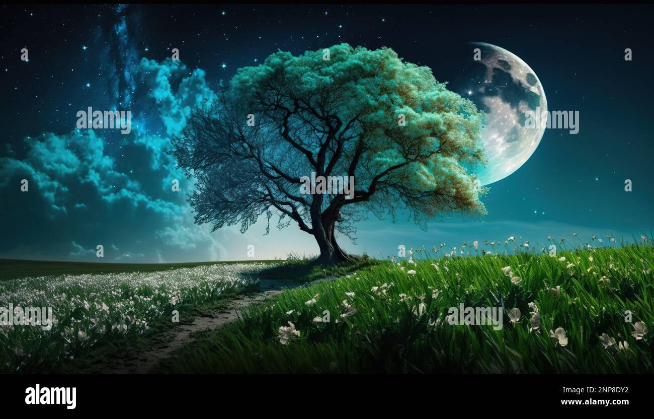 Enchanted Tree in Fantasy Landscape Stock Photo - Alamy