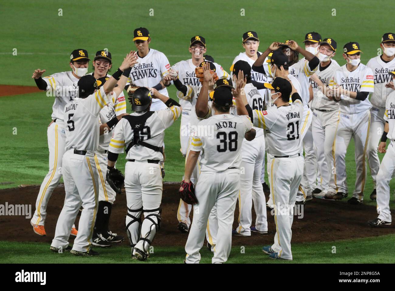 Team players of SoftBank Hawks celebrate after conquering the Nippon Series with a victory over Yomiuri