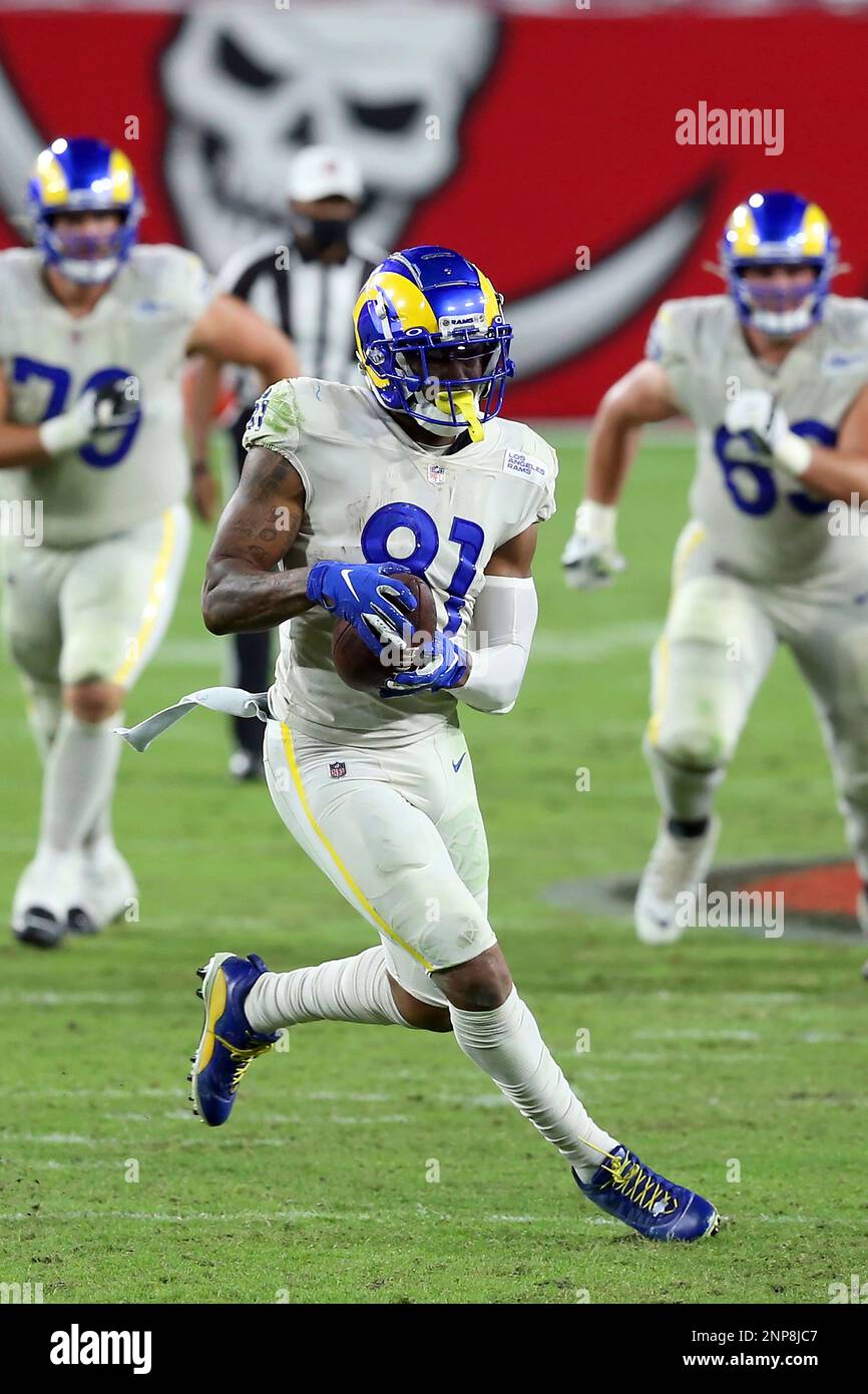 TAMPA, FL - NOVEMBER 23: Gerald Everett (81) of the Rams carries the ball  during the regular season game between the Los Angeles Rams and the Tampa  Bay Buccaneers on November 23,