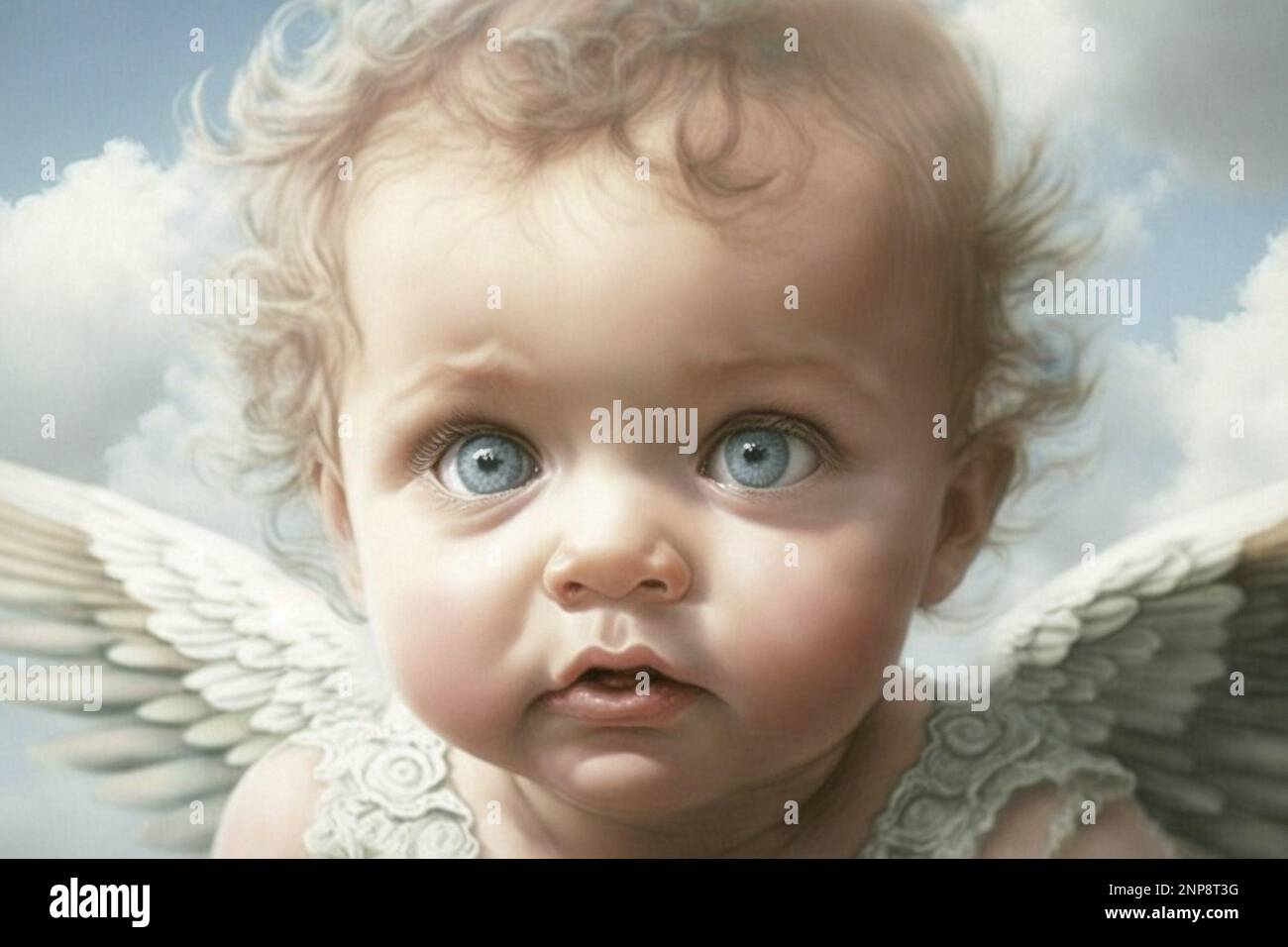 A baby angel with blue eyes and white wings Stock Photo Alamy