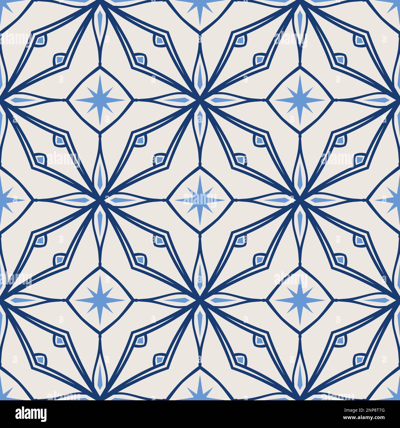 Vintage tile pattern. Seamless blue and white background with flower design Stock Vector