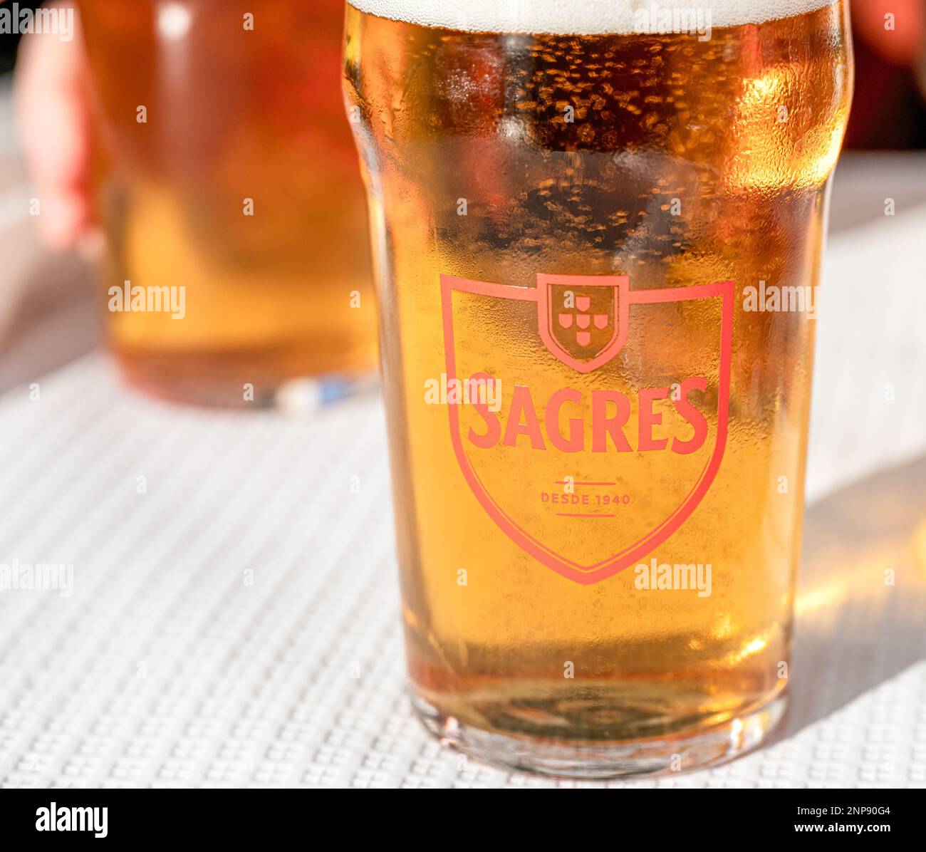 Sagres Portuguese beer in a drinking glass served in a reallife restaurant Stock Photo Alamy
