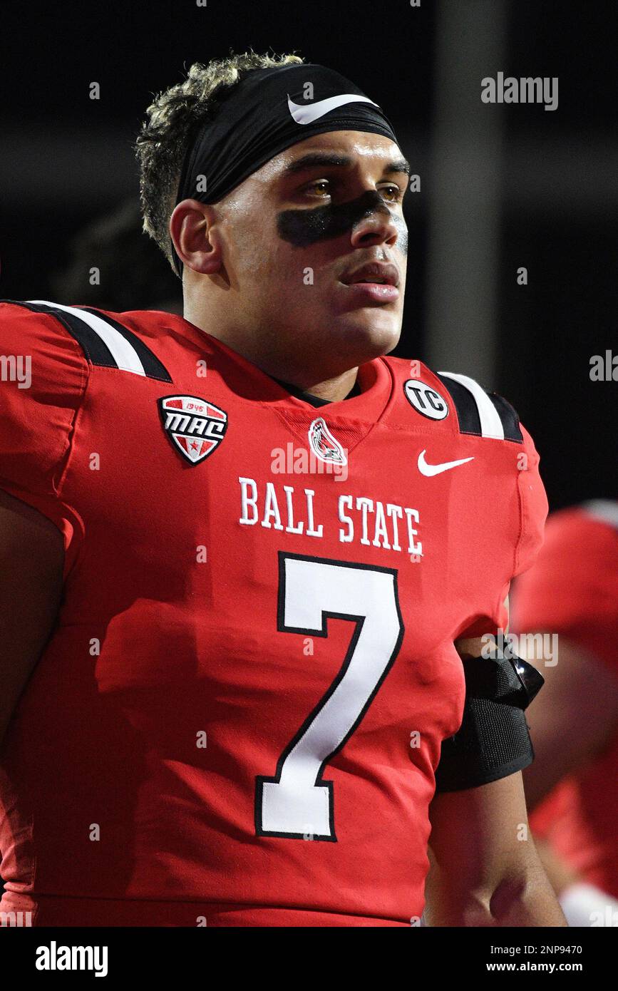 MUNCIE, IN - NOVEMBER 18: Ball State Cardinals running back Caleb Huntley  (2) steps into the end zone during the Mid American Conference college  football game between the Northern Illinois Huskies and