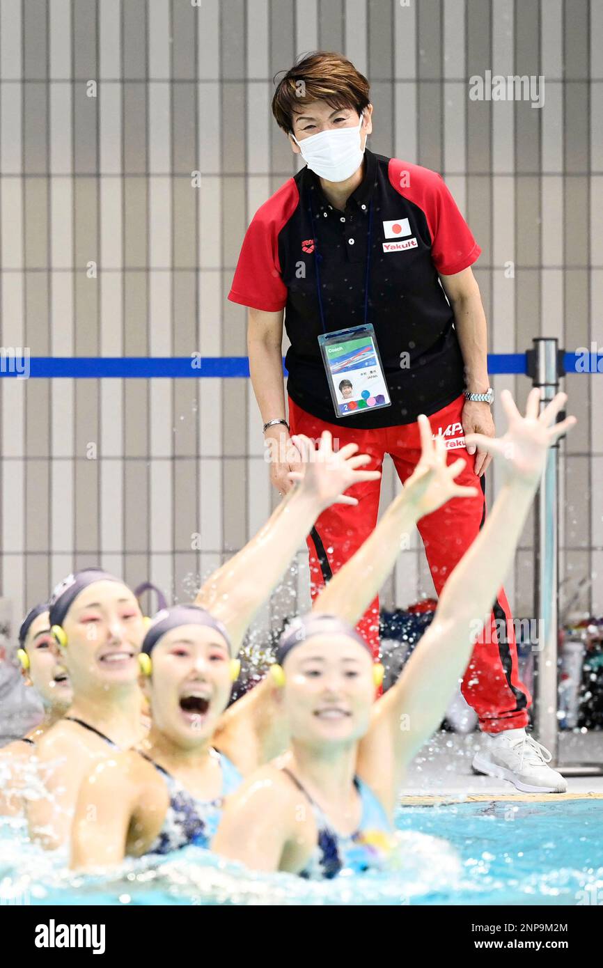 Masayo Imura, a Japanese artistic (synchronized) swimming instructor, takes the lead during a practice of Artistic Swimming Japan Championships Challenge Cup 2020 at Yamaguchi Kirara Expo Memorial Park in Yamaguchi on November 13, 2020. Imura is currently the head coach of the Japanese National Artistic Swimming Team. ( The Yomiuri Shimbun via AP Images ) Stock Photo