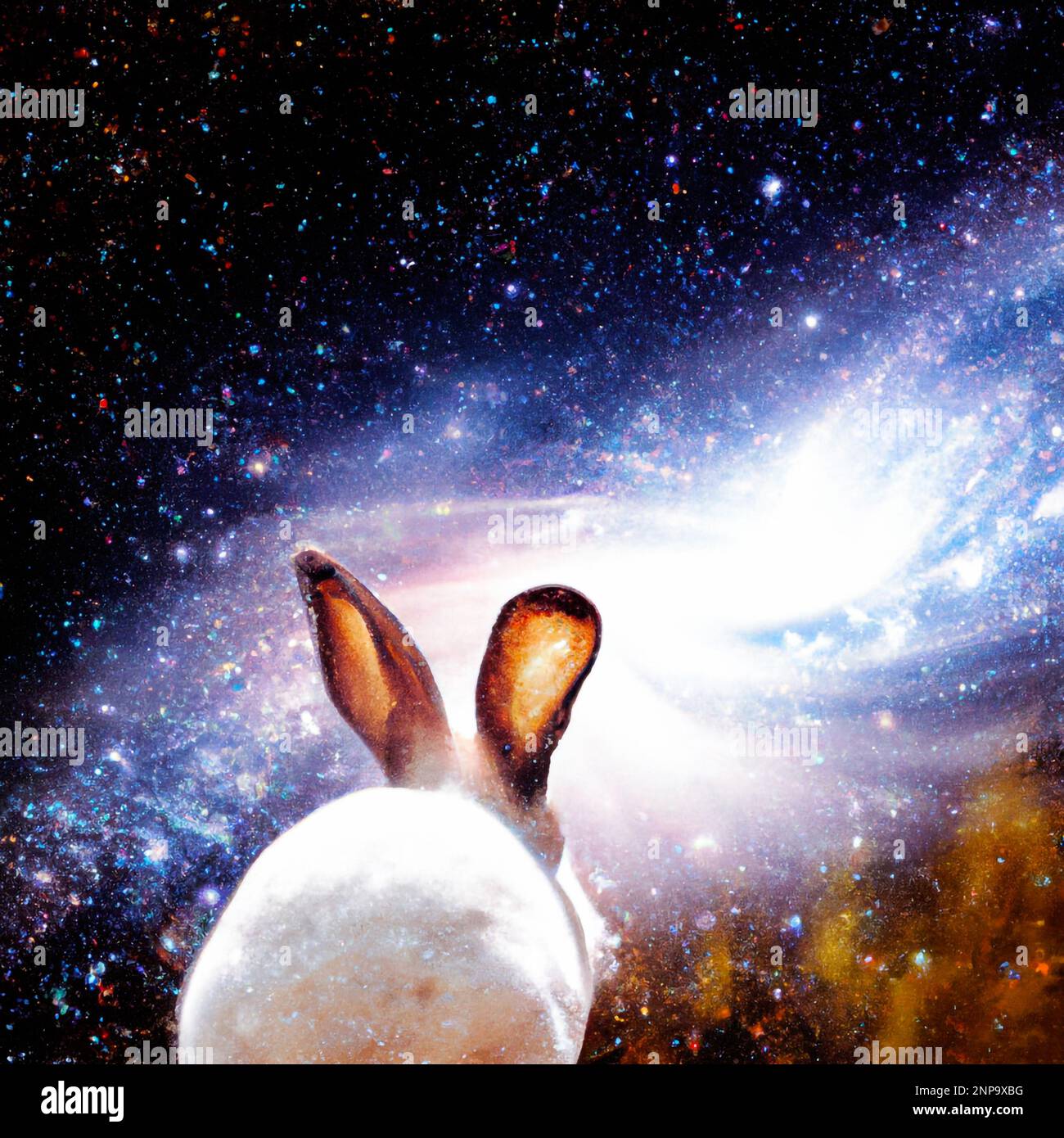 Easter Bunny close up with colorful nebula galaxy, abstract cosmic