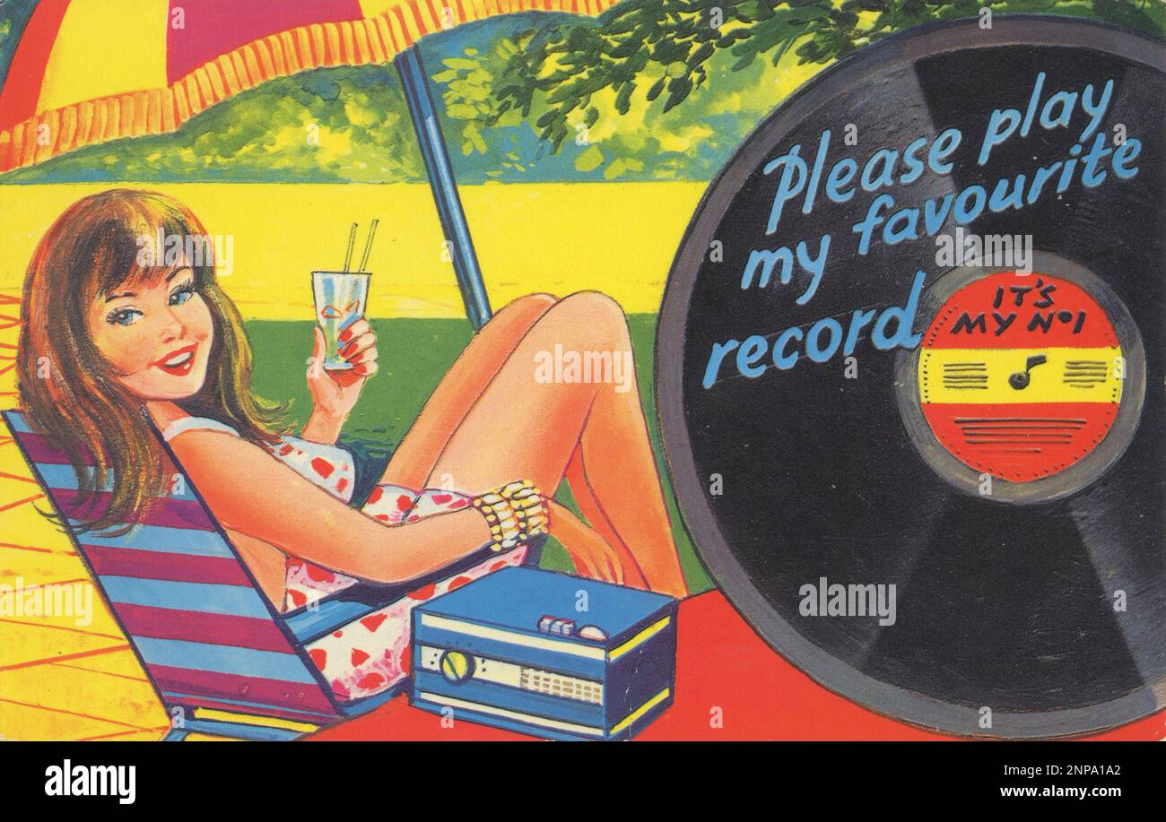 Please Mr Disc Jockey, play my record!  It was common in the sixties to send in requests via the post, so many record labels supplied pre-printed cards for fans to do this. However these cards were sold commercially, and feature bright illustrations of teenage girls and vinyl records, radios and record players, so kids could send them off themselves.  Very much of the Sixties. Stock Photo