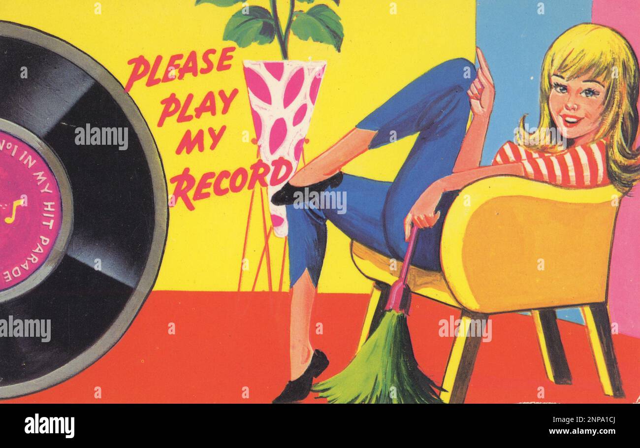 Please Mr Disc Jockey, play my record!  It was common in the sixties to send in requests via the post, so many record labels supplied pre-printed cards for fans to do this. However these cards were sold commercially, and feature bright illustrations of teenage girls and vinyl records, radios and record players, so kids could send them off themselves.  Very much of the Sixties. Stock Photo