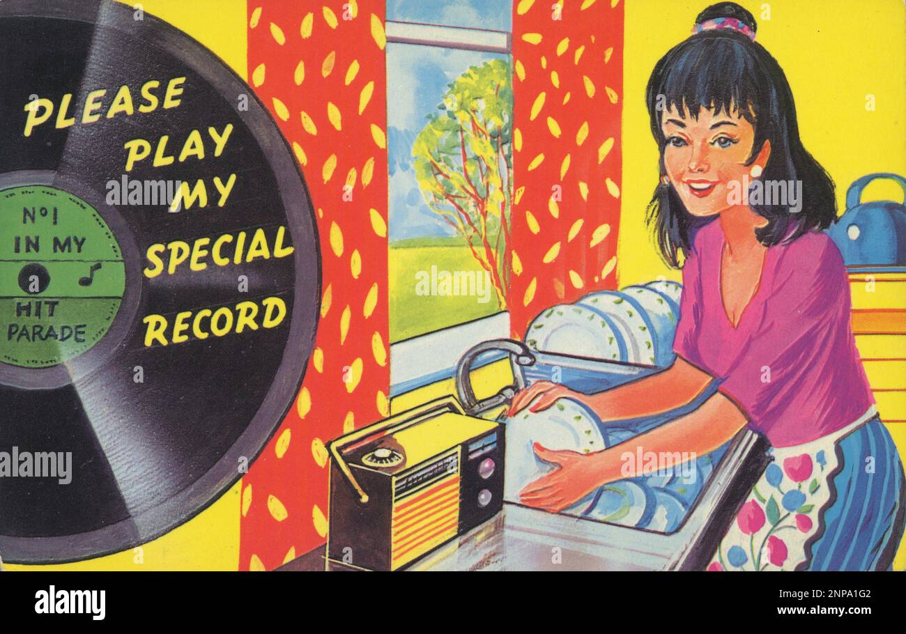 Please Mr Disc Jockey, play my record!  It was common in the sixties to send in requests via the post, so many record labels supplied pre-printed cards for fans to do this. However these cards were sold commercially, and feature bright illustrations of teenage girls and vinyl records, radios and record players, so kids could send them off themselves.  Very much of the Sixties. Stock Photo