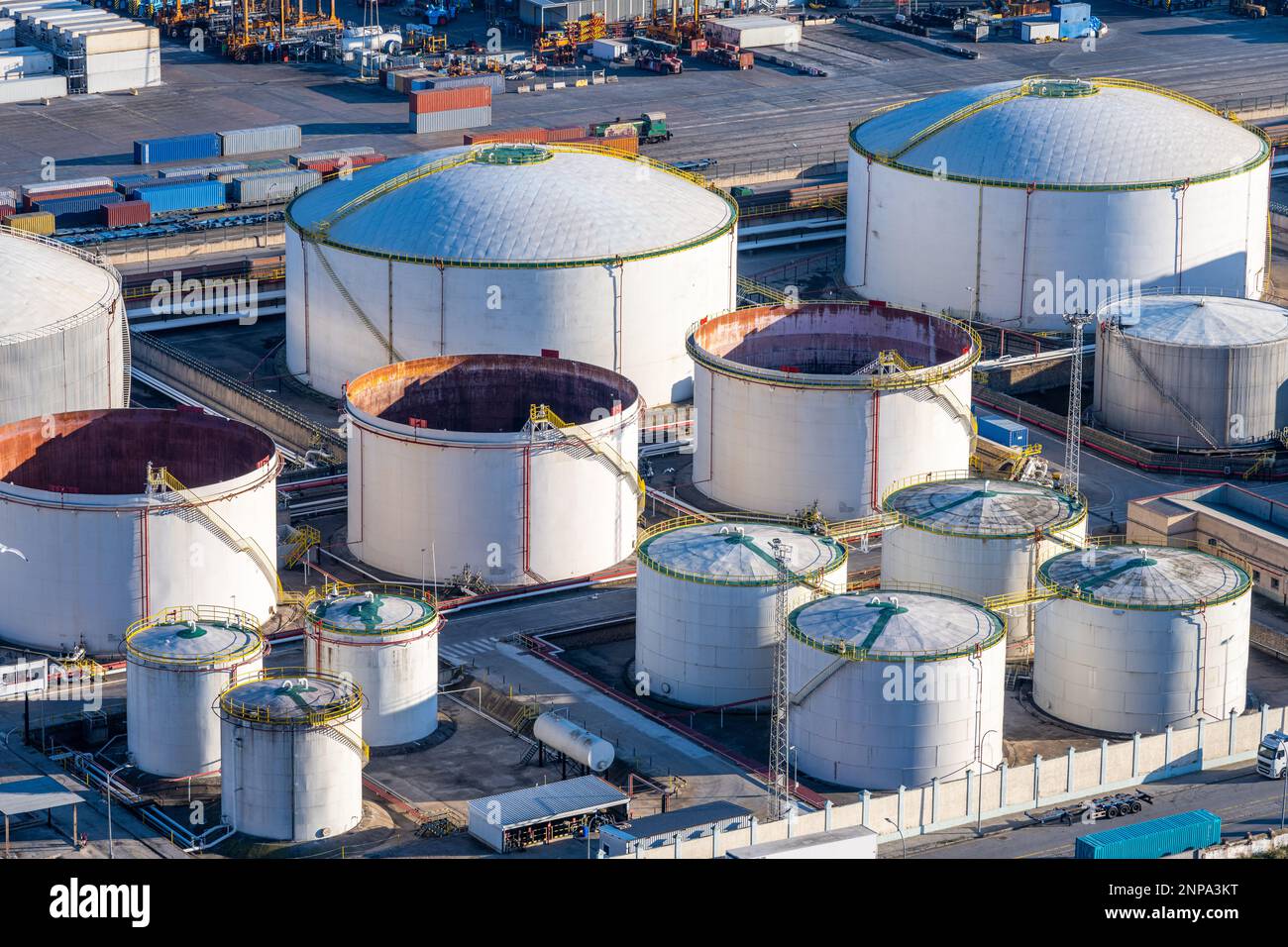 White oil storage tanks seen in the commercial port of Barcelona Stock ...