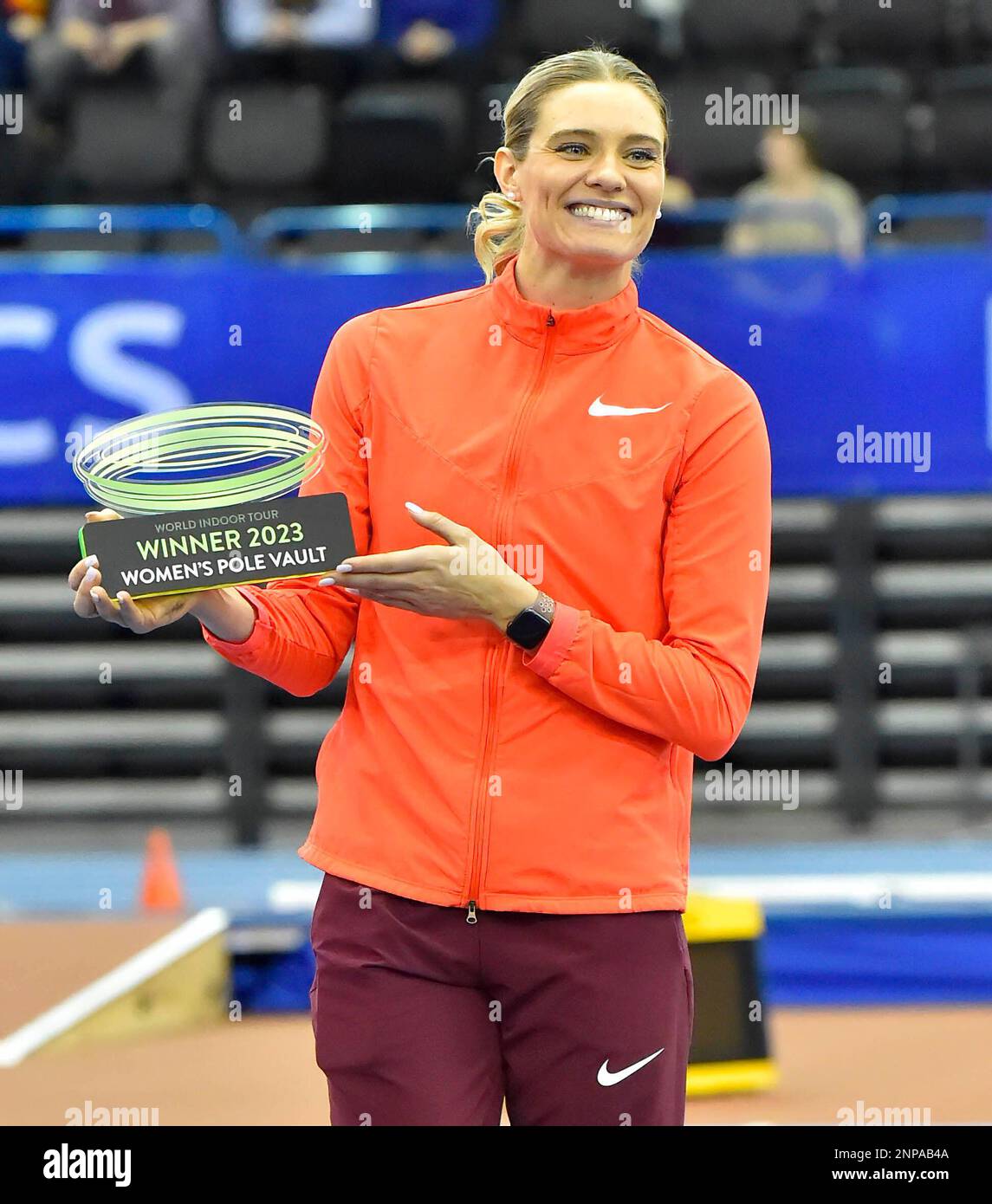 Birmingham, UK, 25 February 2023 Alysha Newman with her trophy for