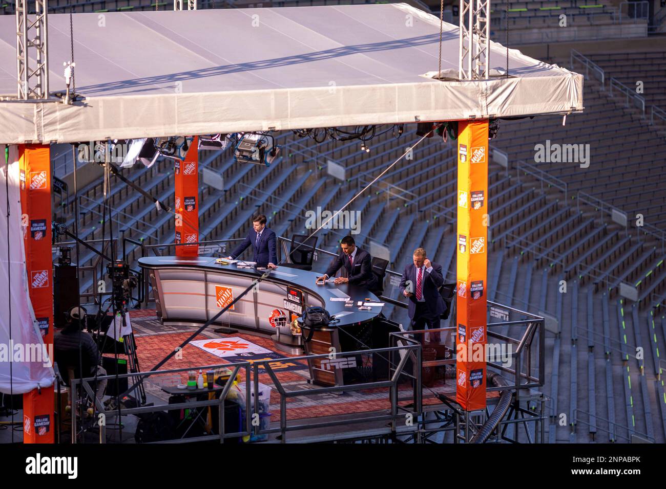 ESPN College Gameday hosts, from left, Rece Davis, David Pollack and