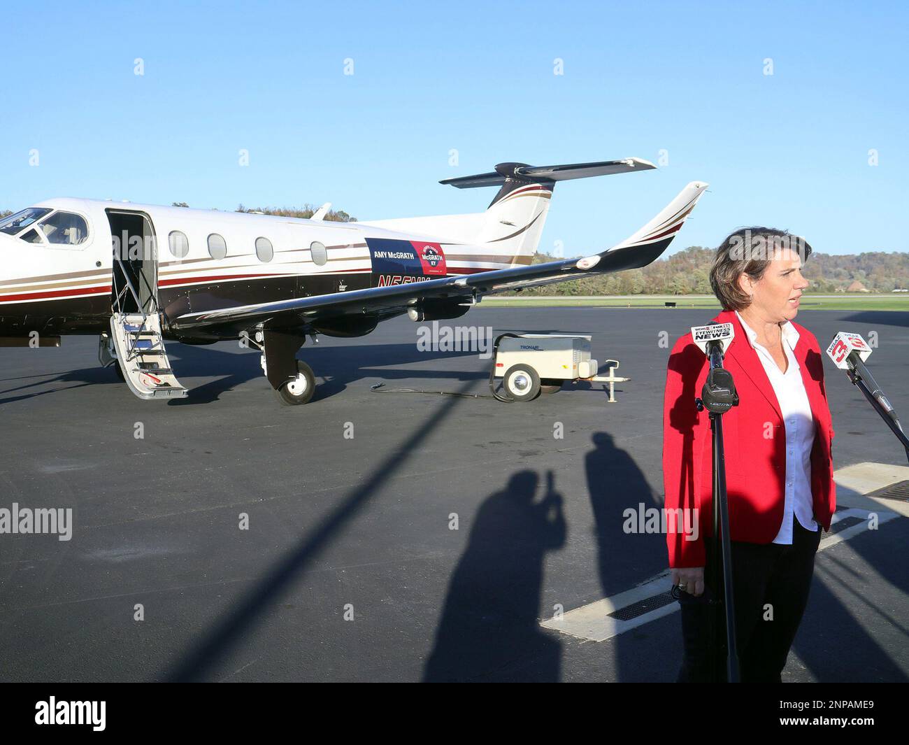 Kentucky Senate candidate Amy McGrath talks to reporters at the Ashland