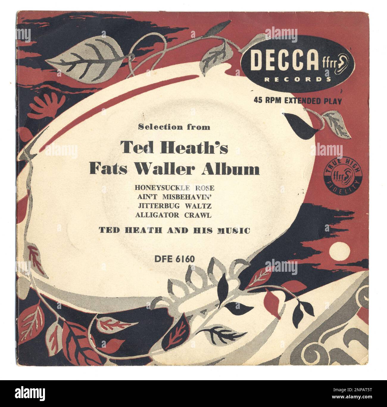 Decca used several generic EP cover designs around 1954 and 1955, this one of leaves curling around a piece of garden statuary is seen with brown, red, purple or yellow background colours.  Mostly they featured light orchestral and band music. The music here is taken from a Ted Heath album. Stock Photo