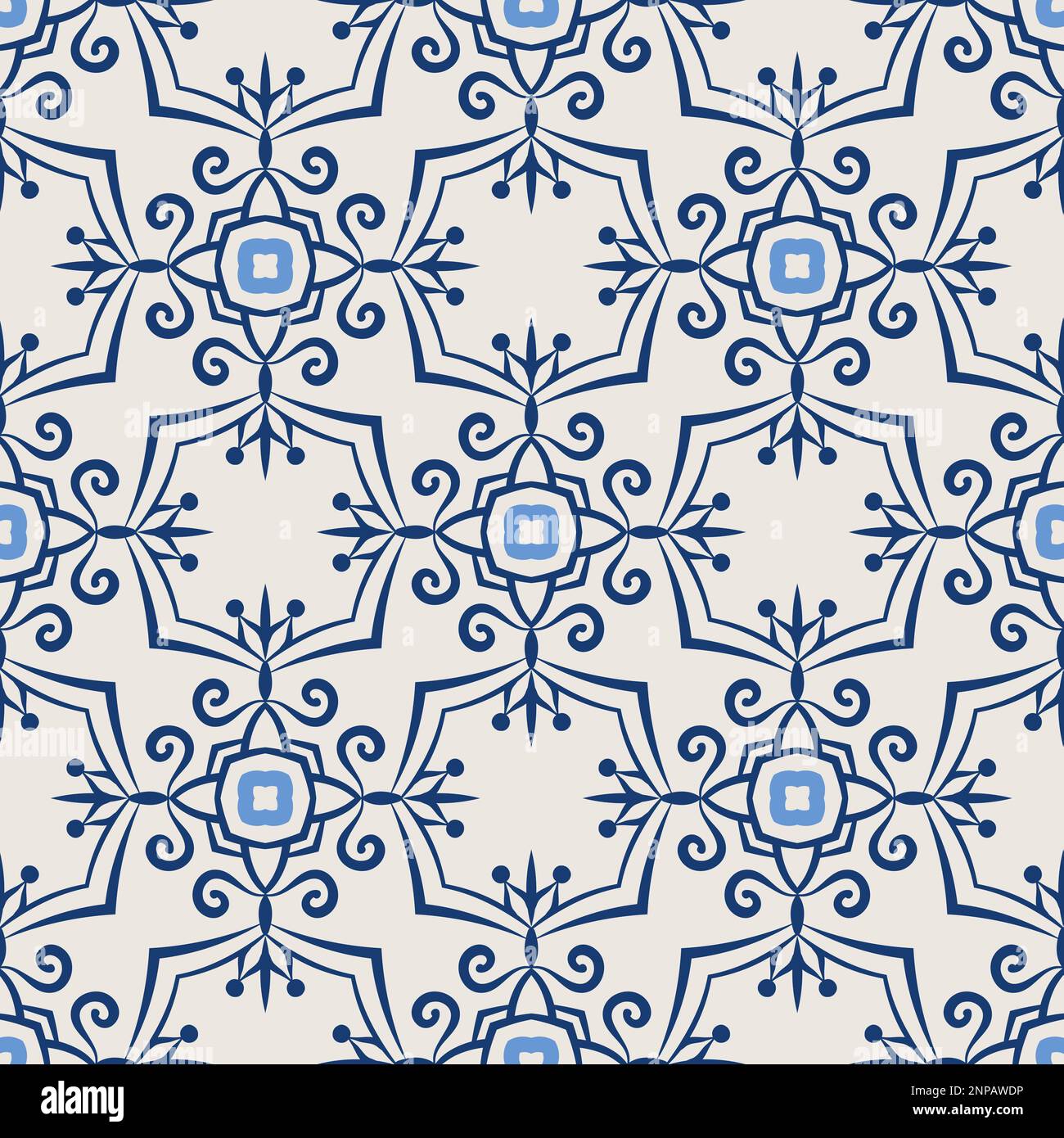 Vintage tile pattern. Seamless blue and white background with flower design Stock Vector