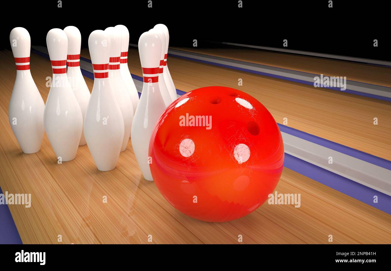 A group of bowling pins stands near a bowling ball on a lane 3D render ...