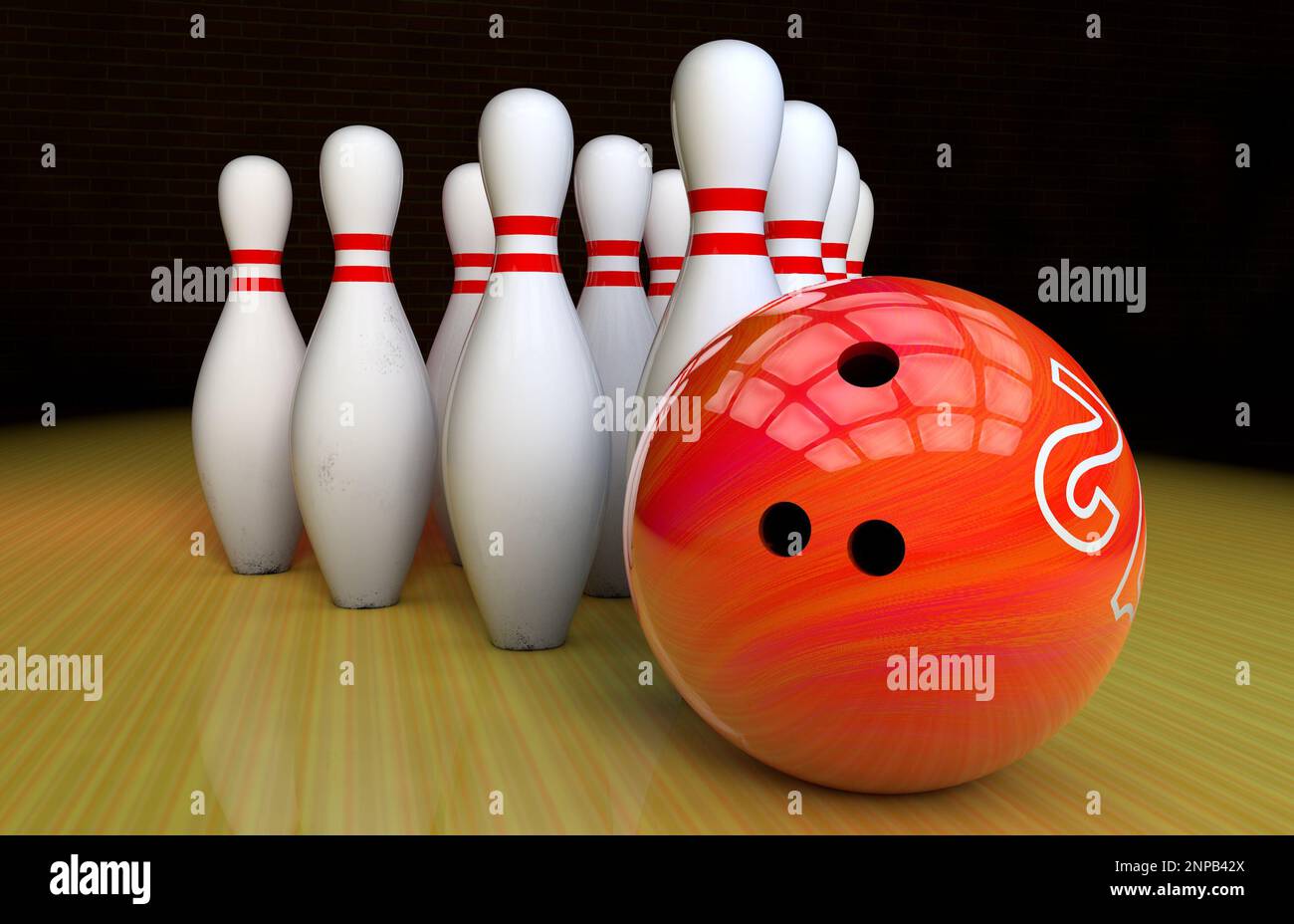 A group of bowling pins stands near a bowling ball on a lane 3D render