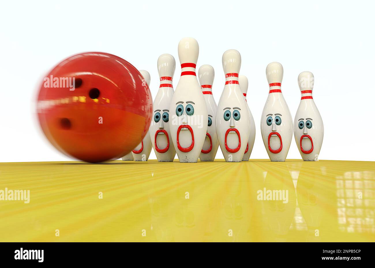 Red bowling ball next to bowling pins with painted faces 3d render