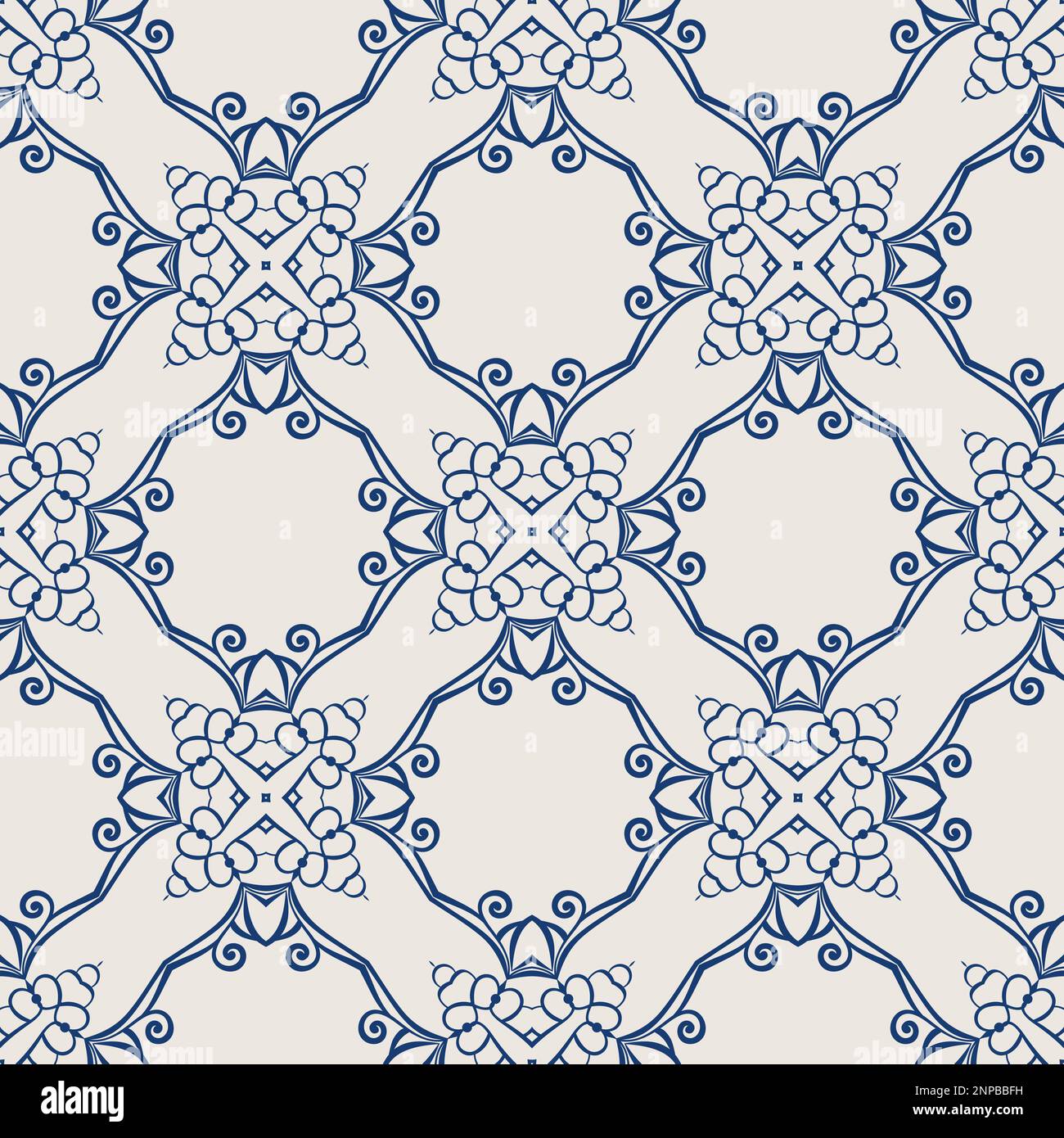 Vintage tile pattern. Seamless blue and white background with flower design Stock Vector