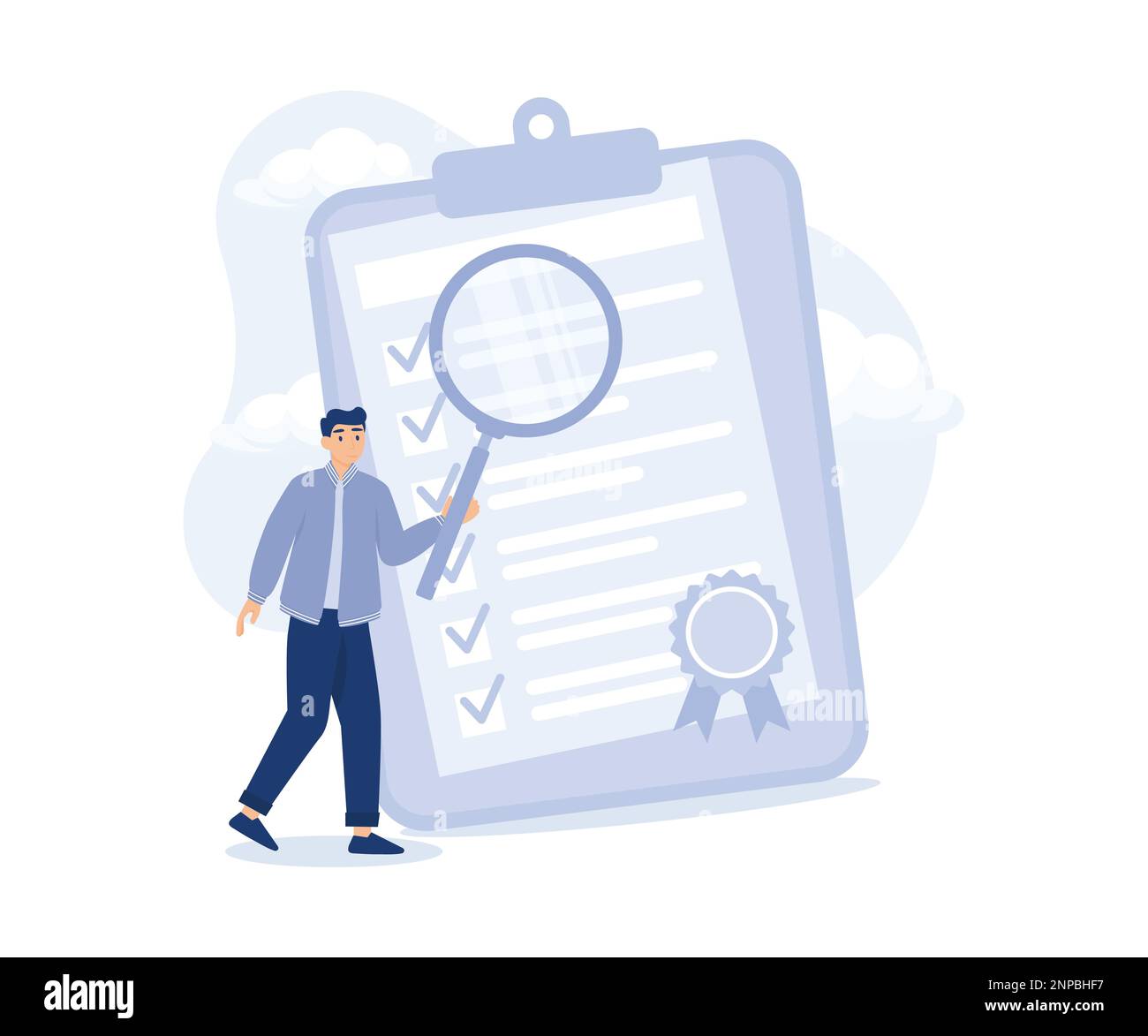 Standard, quality control or certified approval, businessman hold magnifying glass with standard QC badge document.modern flat vector illustration Stock Vector