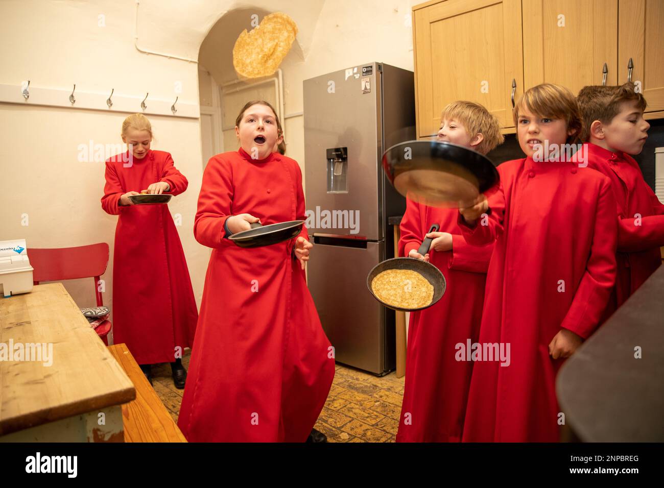 Picture dated February 20th shows Choristers from Ely Cathedral in Cambridgeshire in the kitchen of King’s School as they prepare for tomorrows annual Stock Photo