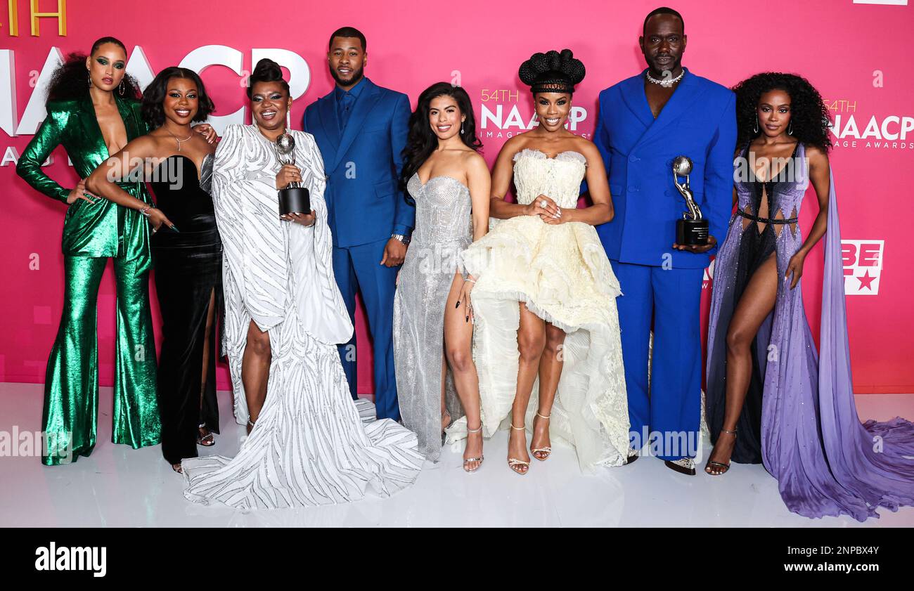 Pasadena, United States. 25th Feb, 2023. PASADENA, LOS ANGELES, CALIFORNIA, USA - FEBRUARY 25: Elarica Johnson, Gail Bean, Katori Hall, J. Alphonse Nicholson, Psalms Salazar, Brandee Evans, Nicco Annan and Shannon Thornton, winners of the Outstanding Drama Series award for 'P-Valley' pose in the press room at the 54th Annual NAACP Image Awards held at the Pasadena Civic Auditorium on February 25, 2023 in Pasadena, Los Angeles, California, United States. (Photo by Xavier Collin/Image Press Agency) Credit: Image Press Agency/Alamy Live News Stock Photo