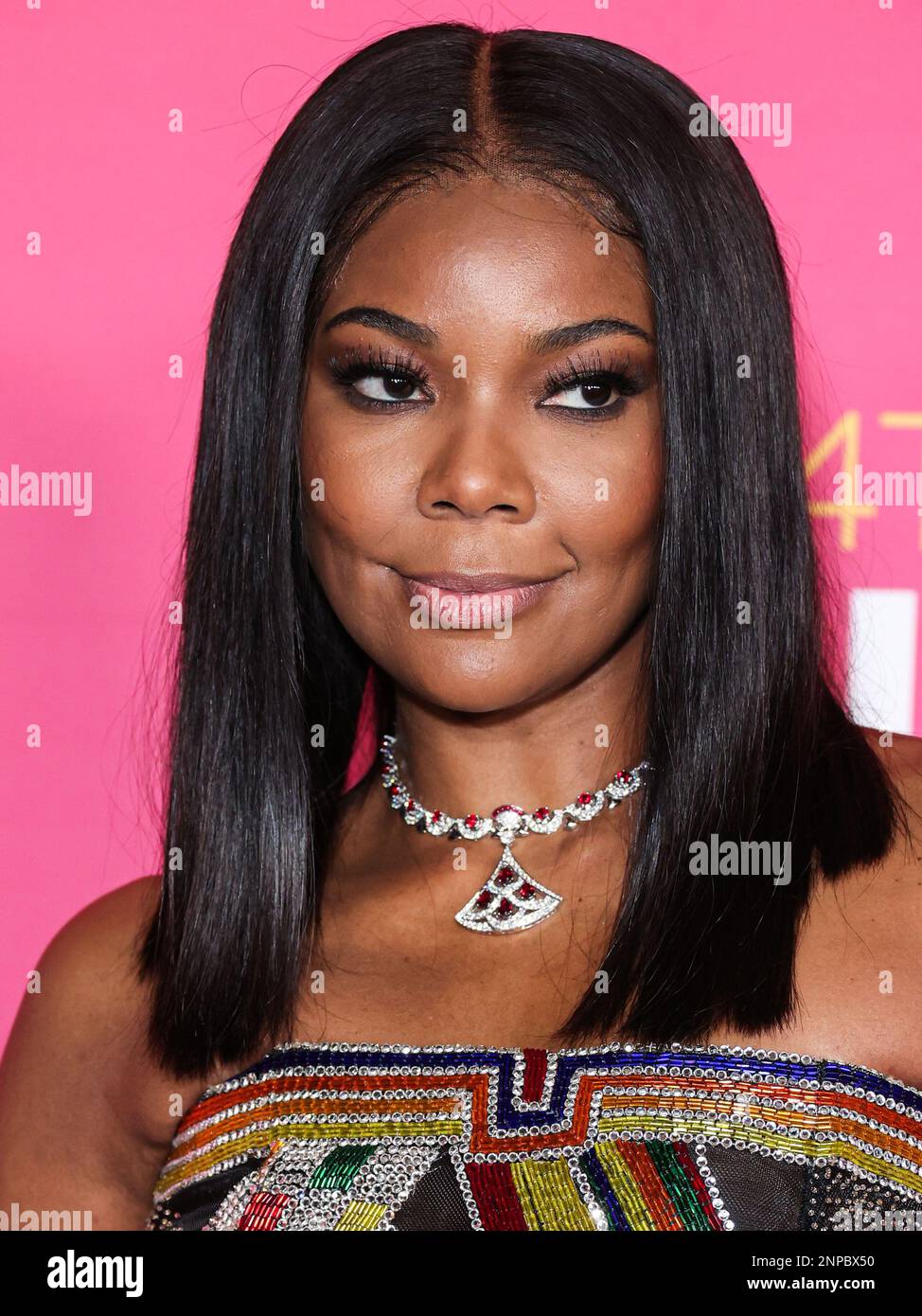 Pasadena, United States. 25th Feb, 2023. PASADENA, LOS ANGELES, CALIFORNIA, USA - FEBRUARY 25: American actress Gabrielle Union, recipient of the President's Award wearing Atelier Versace SS98 Couture poses in the press room at the 54th Annual NAACP Image Awards held at the Pasadena Civic Auditorium on February 25, 2023 in Pasadena, Los Angeles, California, United States. (Photo by Xavier Collin/Image Press Agency) Credit: Image Press Agency/Alamy Live News Stock Photo