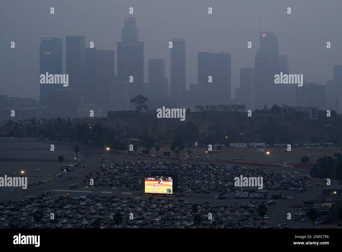 A general view of los angeles dodgers drive in viewing party for game 2