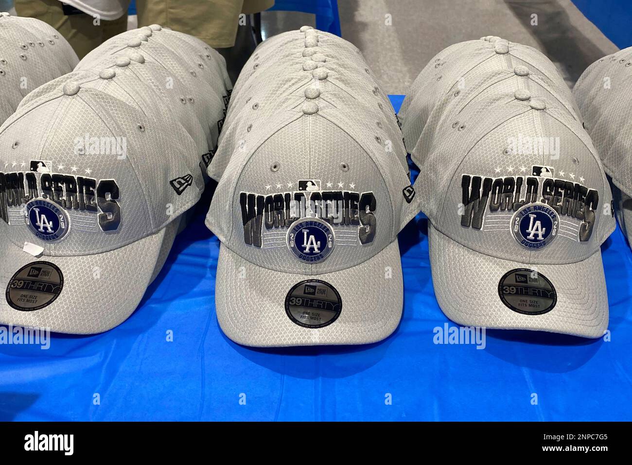 Los Angeles Dodgers 2020 MLB World Series baseball caps on display