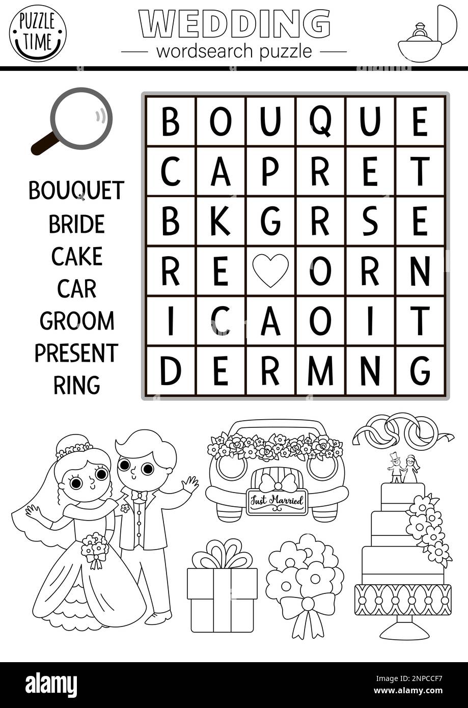 Vector black and white wedding wordsearch puzzle for kids. Simple word