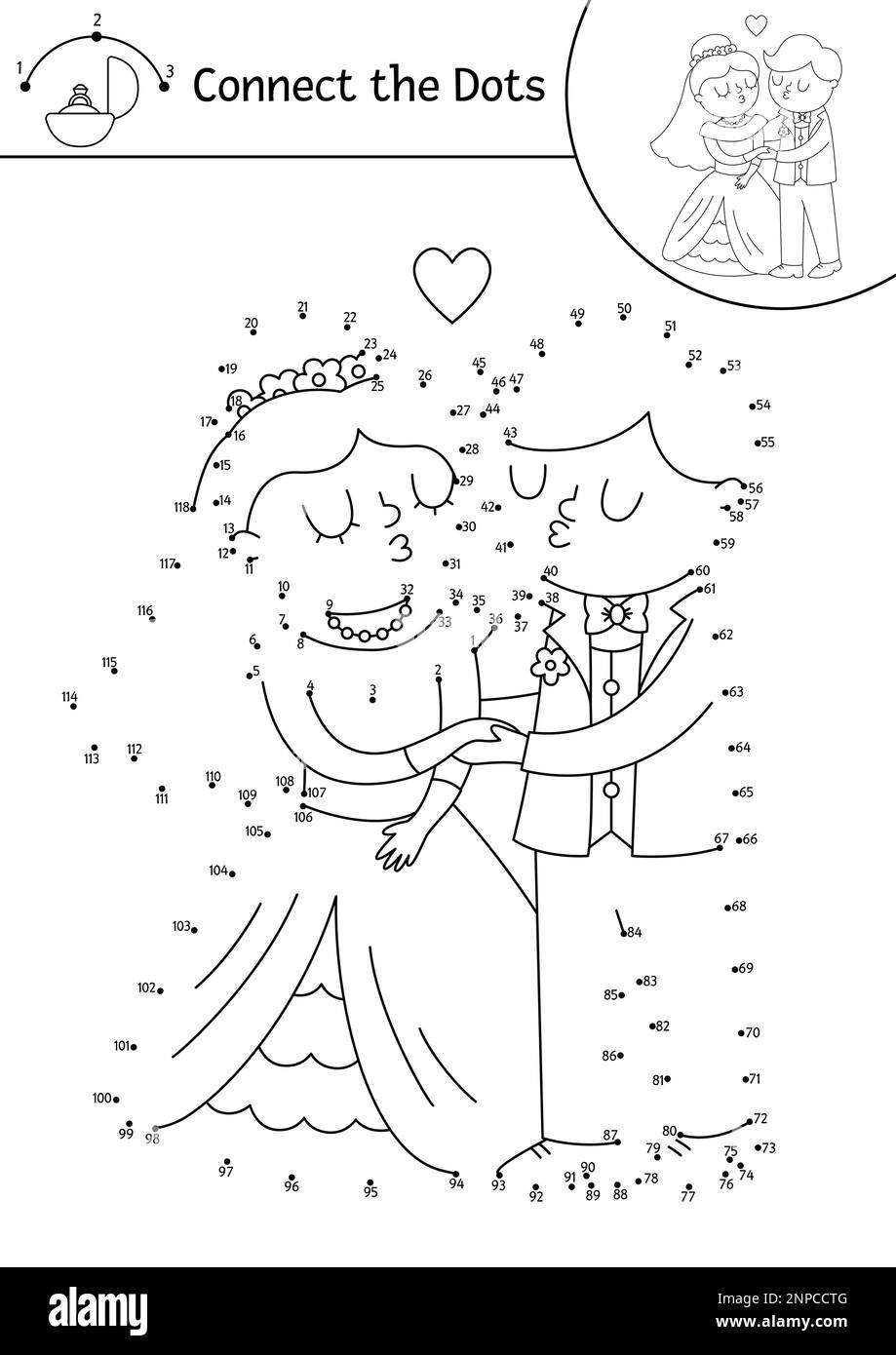 Vector dot-to-dot and color activity with cute kissing just married couple. Wedding connect the dots game for children with bride and groom. Marriage Stock Vector