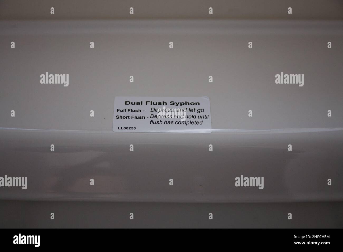 Close up white toilet with Dual Flush Syphon to save water to reduce