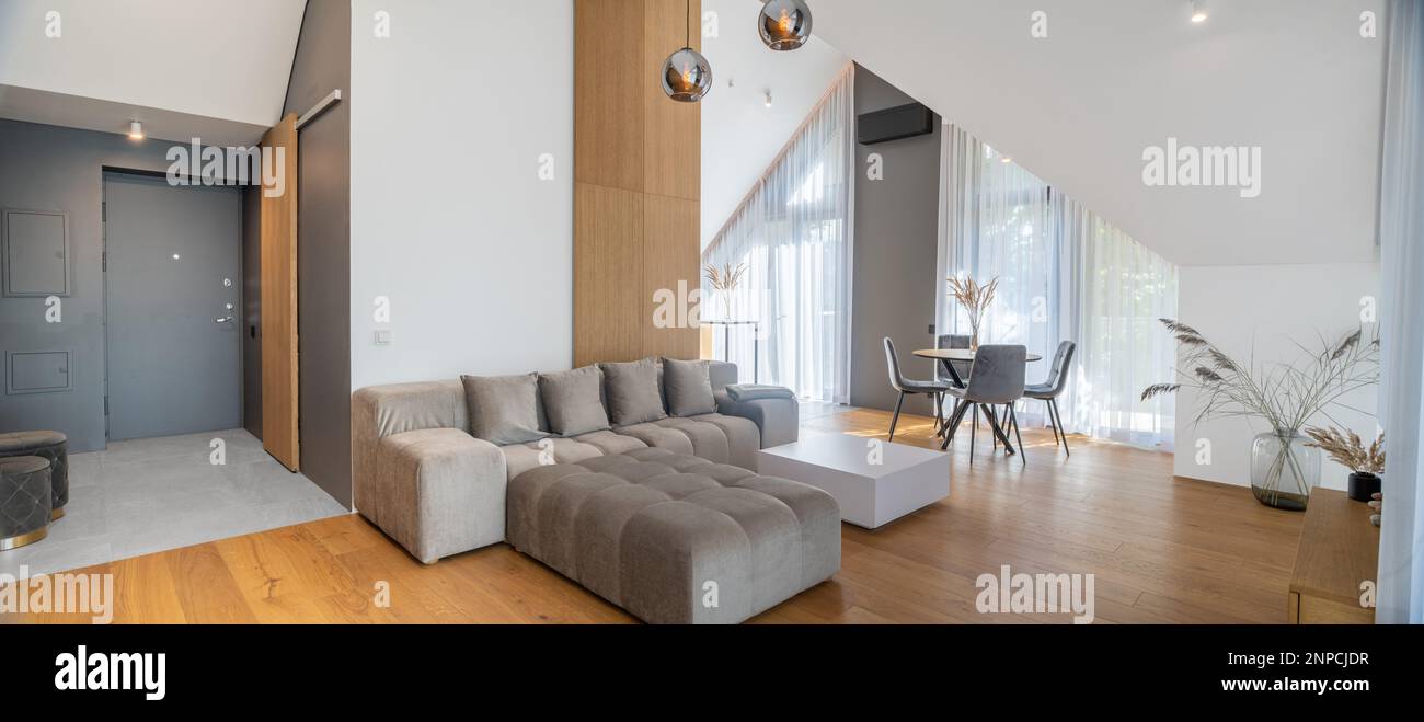 The Stylish Spacious Luxury Interior Design of Living Room with Design Gray Sofa, Coffee Table, Decoration, Pillows in Modern Home Decor. Modern Livin Stock Photo
