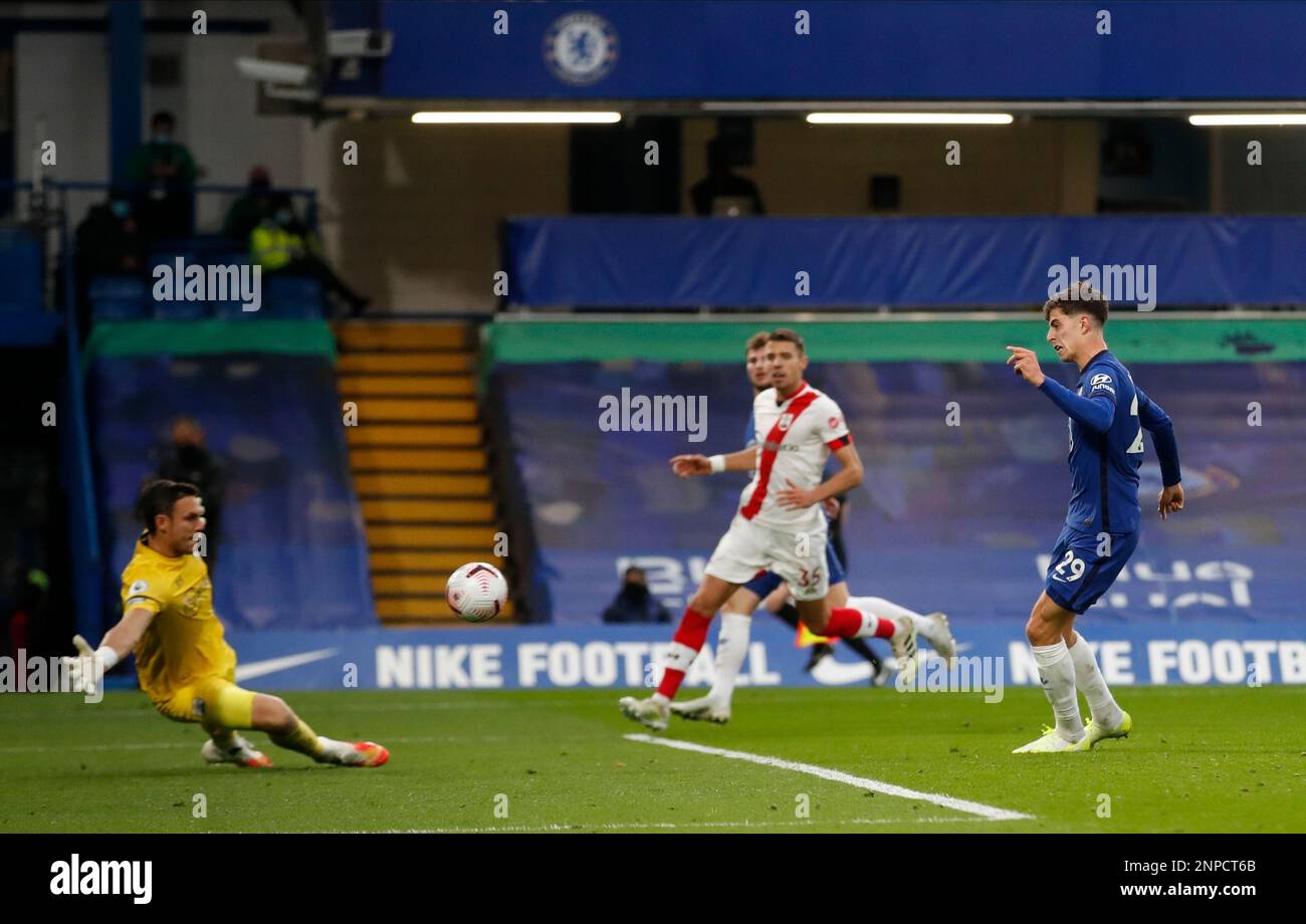 Chelsea's Kai Havertz, right, scores his side's third goal during the ...