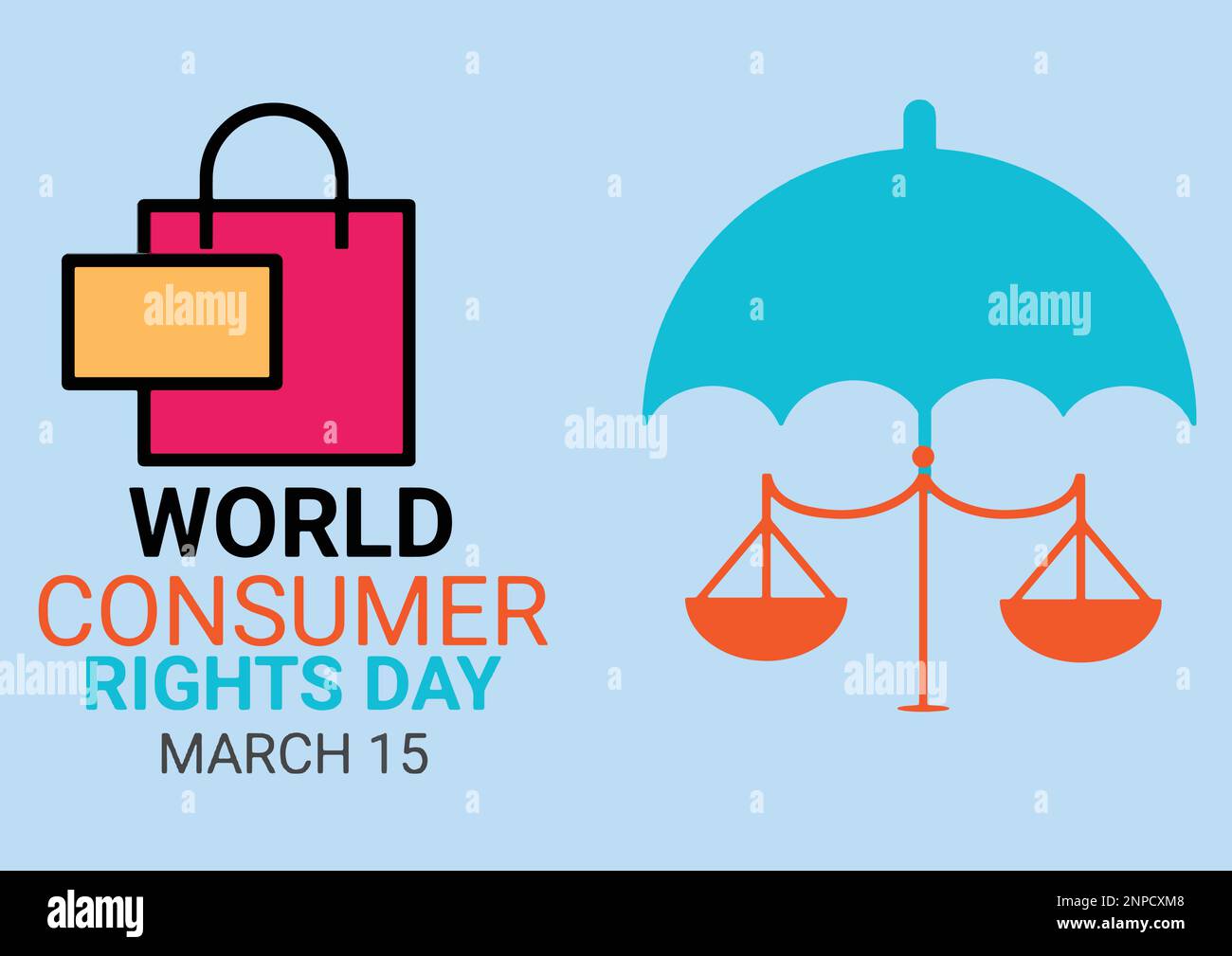 Vector illustration. World Consumer Rights Day, shopping bag with Balance scale also umbrella sign, design for banner, poster. Stock Vector