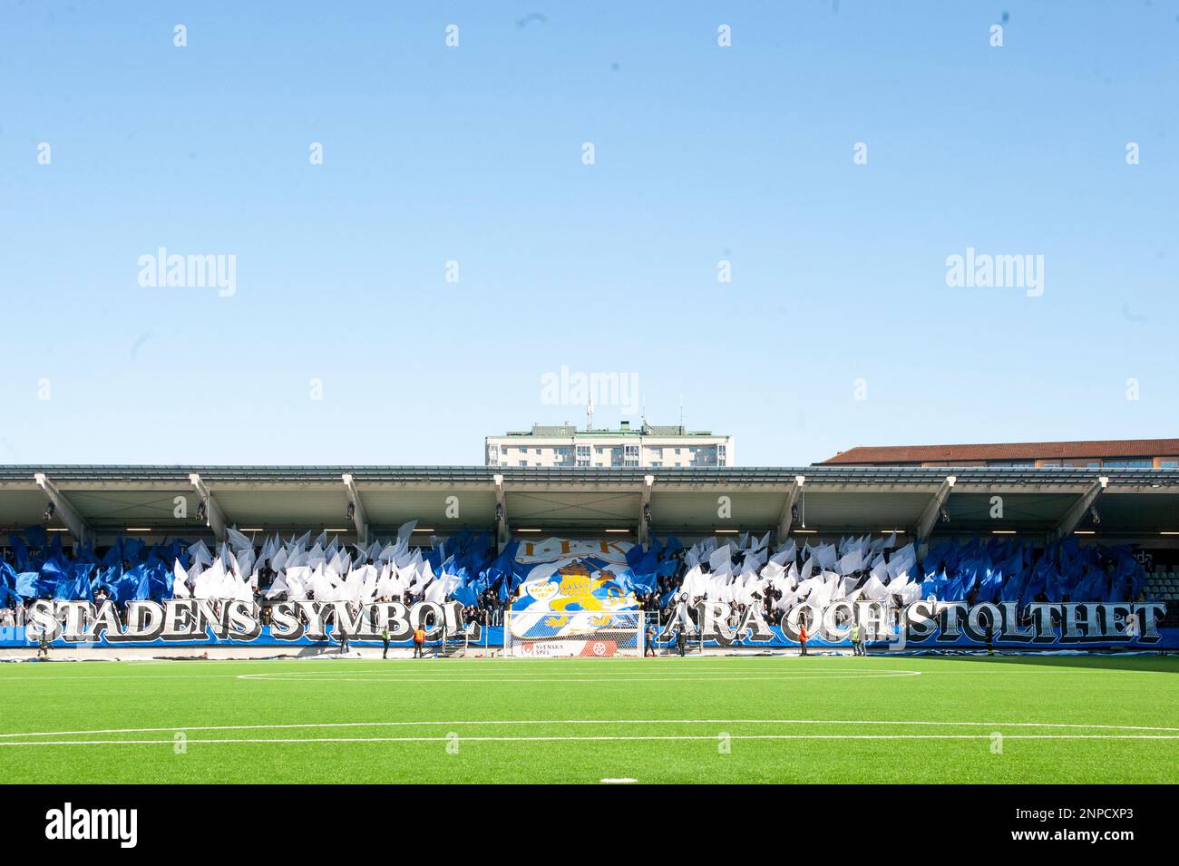 Gothenburg, Sweden. 26th Feb 2023. Fans of IFK Göteborg with a tifo ahead of the Swedish Cup Group Stage match between GAIS and IFK Goteborg on February 26, 2023 in Gothenburg. Credit: Oskar Olteus / Alamy Live News Stock Photo