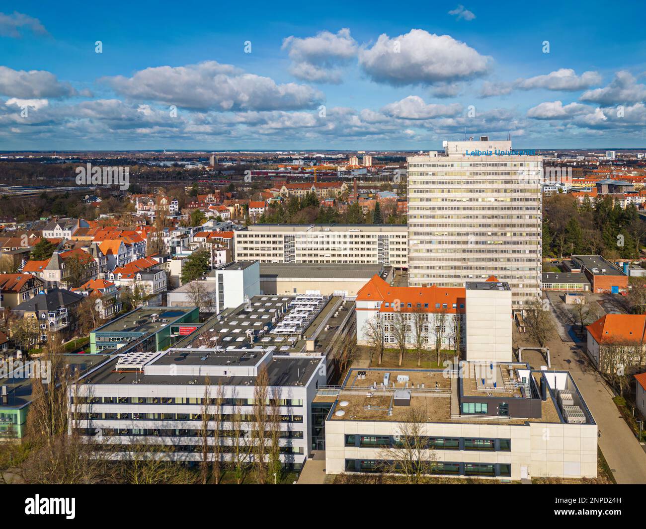 Hannover, Germany - February 19, 2023: The lettering Leibnitz University on the roof of Conti-Tower, home to the law, economics and linguistics Stock Photo