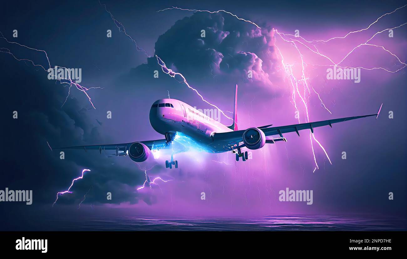 An Illustration of a Commercial Airliner Flying Through a Thunderstorm with Lightning Strikes, in a Thrilling and Intense Journey. Stock Photo
