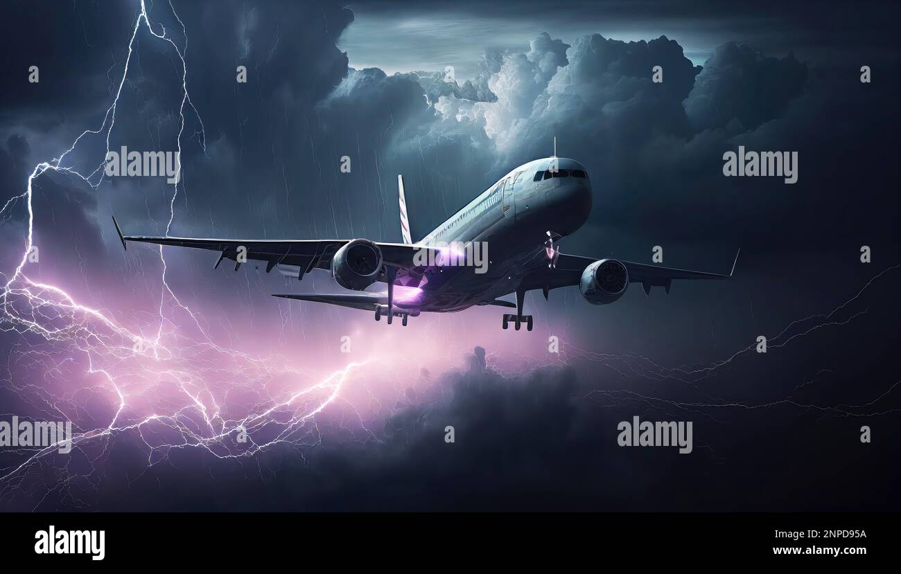 An Illustration of a Commercial Airliner Flying Through a Thunderstorm