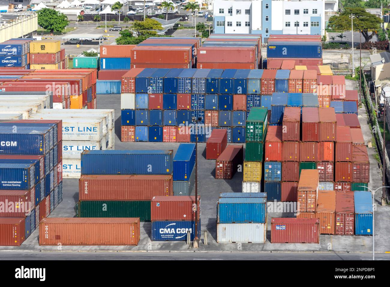 Stacked containers in port, Bridgetown, St Michael Parish, Barbados, Lesser Antilles, Caribbean Stock Photo