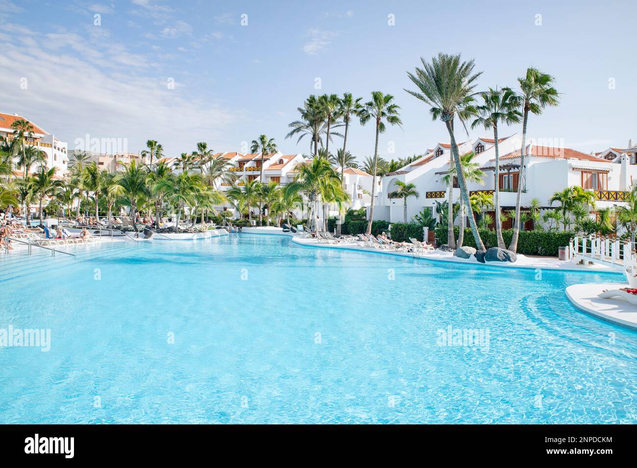 Tropical swimming pool surrounded by tall palm trees and enjoyed by tourists relaxing on sunbeds at Hotel Parque Santiago III, Playa de las Americas Stock Photo