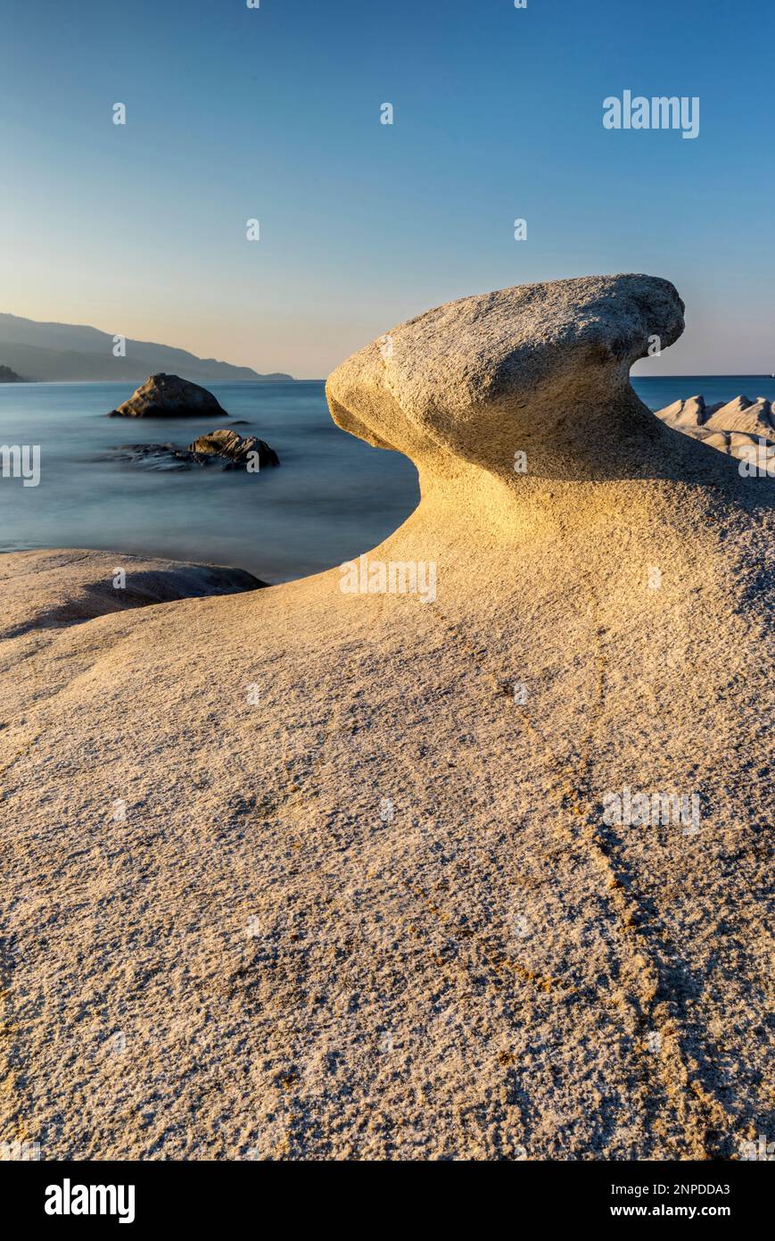 A view over a beautiful rock tower near Vouvourou in Sithonia in northern Greece. Stock Photo