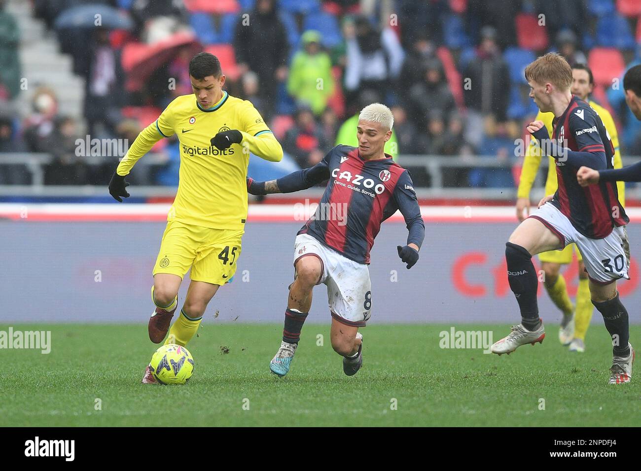 Bologna, Italy. 26th Feb, 2023. Nicolas Dominguez of Bologna FC competes for the ball with