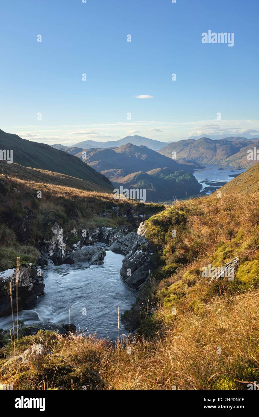 The Allt a Choire Mhoir mountain stream flowing towards Loch Long. Stock Photo