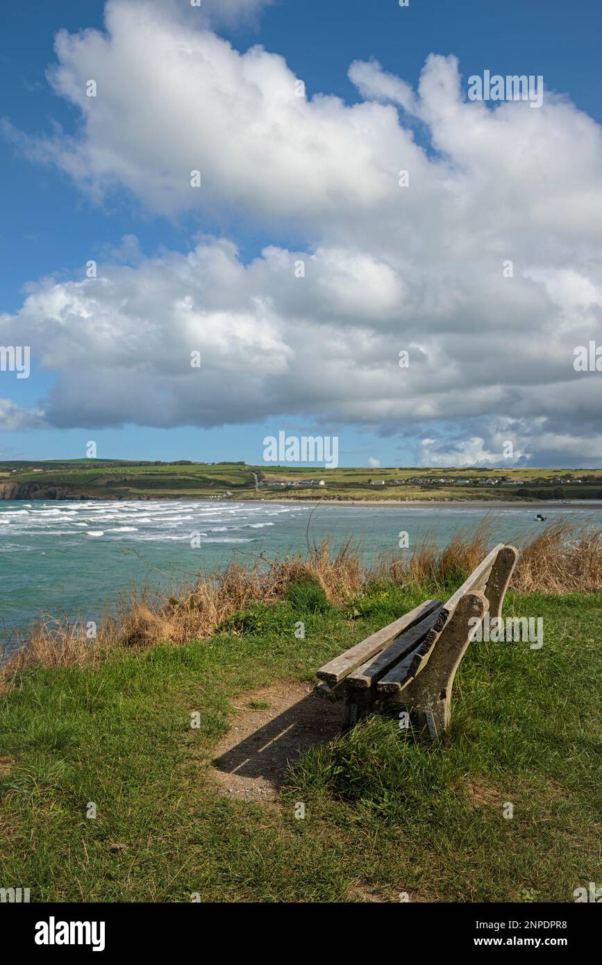 Public viewing bench at Newport in Pembrokeshire. Stock Photo