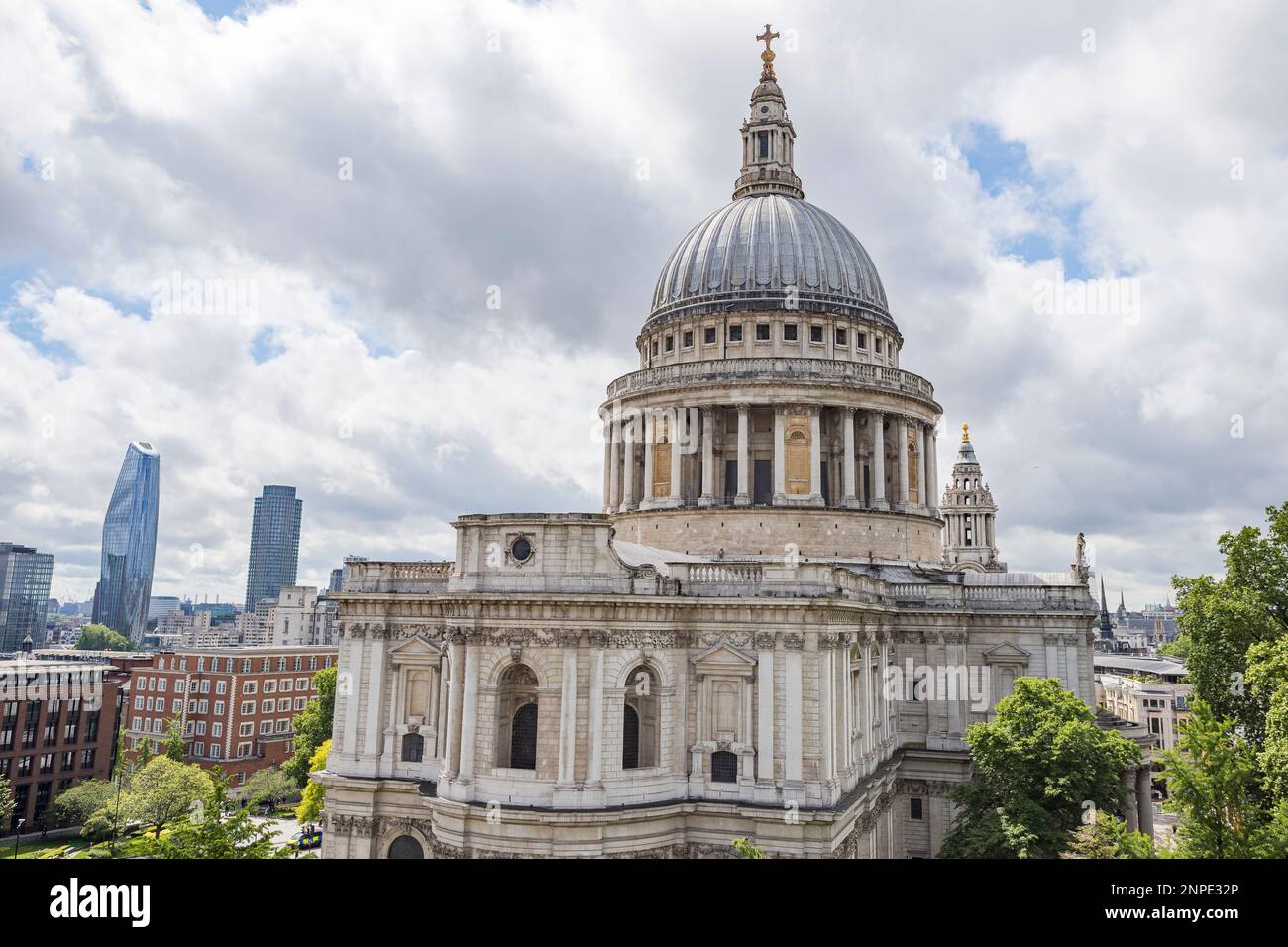 St Pauls Cathedral in London pictured from a high viewpoint under clouds. Stock Photo