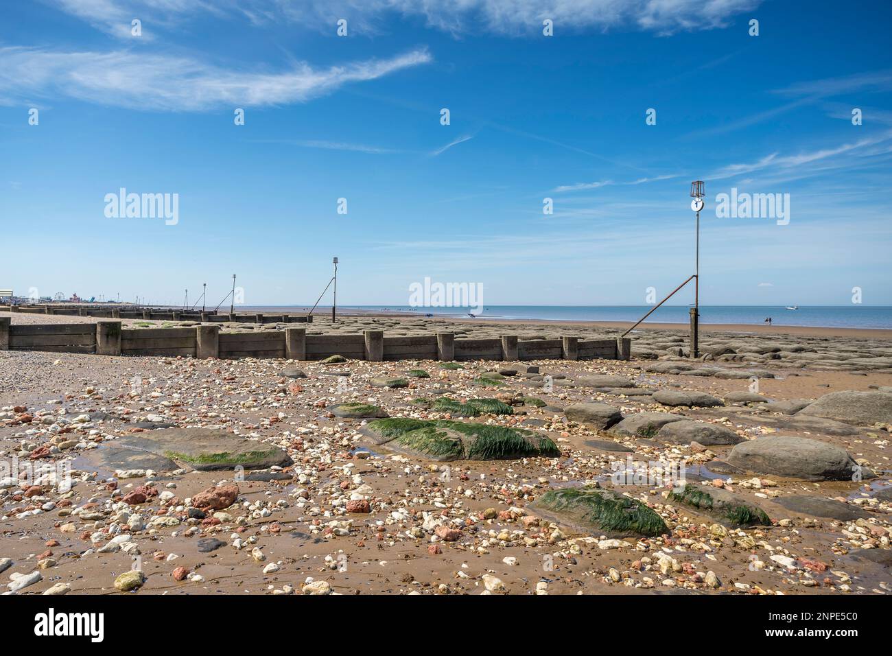 Rock pools on the beach at Hunstanton seen on along the West Norfolk coastline. Stock Photo