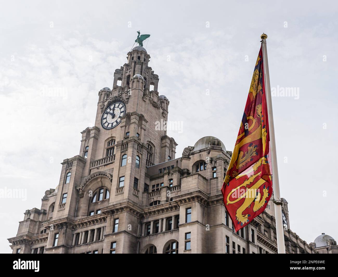Royal arms of England in front of the Royal Liver Building on the Liverpool waterfront two days after Queen Elizabeth II passed away. Stock Photo