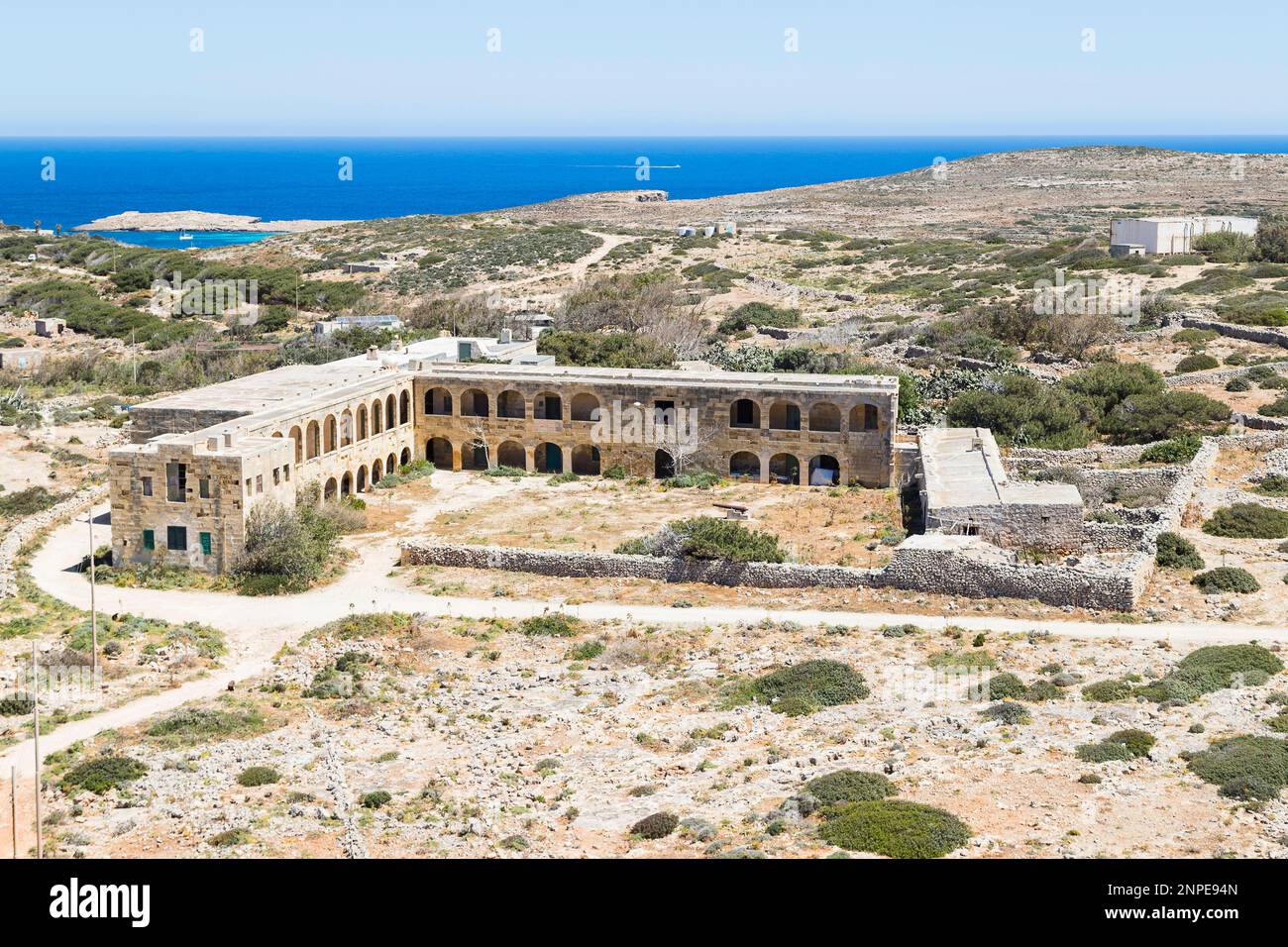 Looking down on an abandoned Isolation Hospital in Comino in Malta. Stock Photo