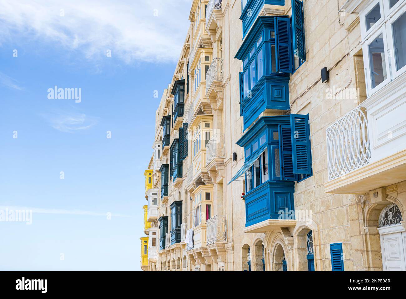 Colourful balconies in Valletta which have recently been restored. Stock Photo