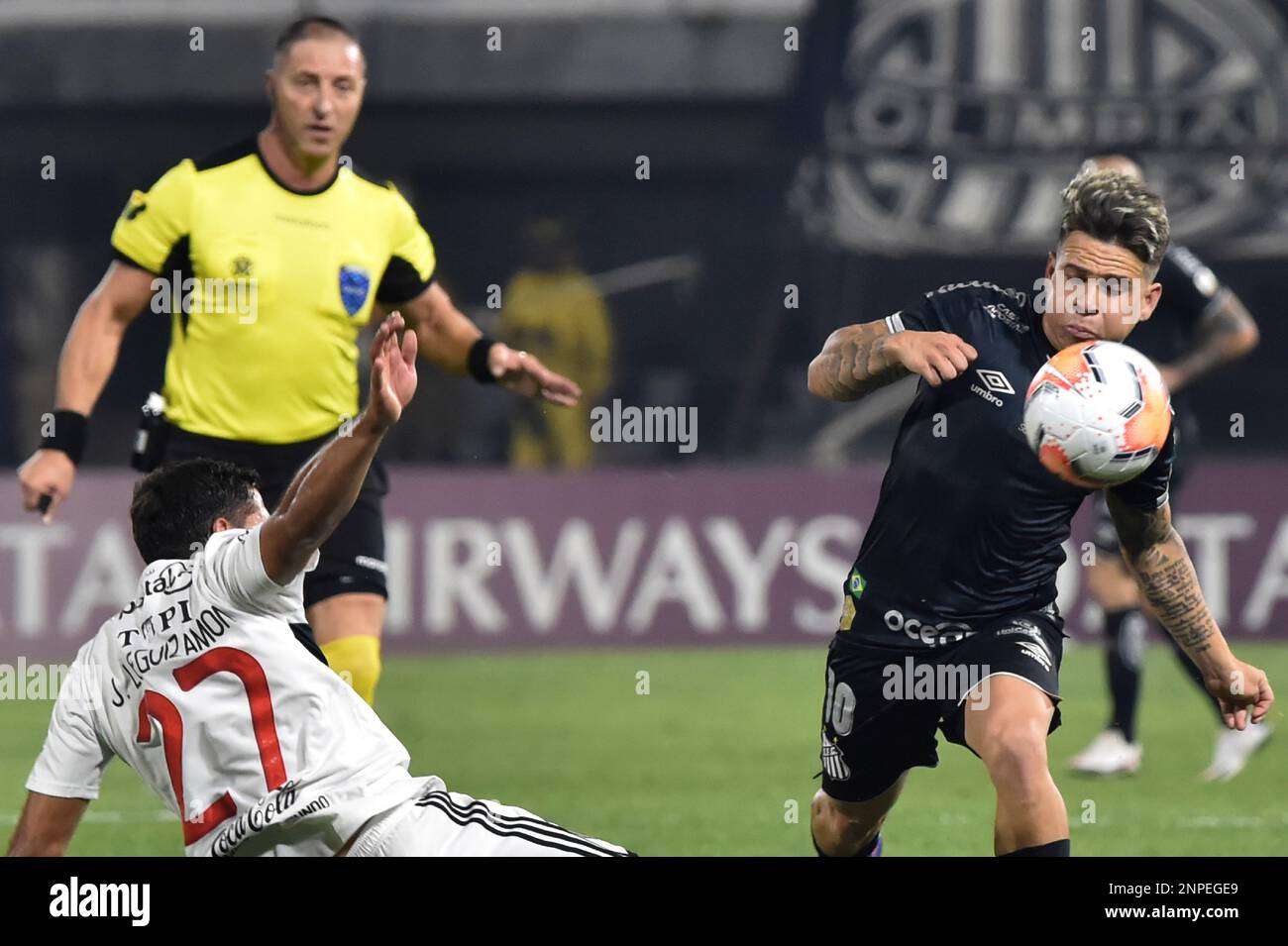 Santiago Damian Garcia Correa of Argentina's Godoy Cruz heads to score  against Paraguay's Olimpia during a Copa Libertadores soccer game in  Asuncion, Paraguay, Tuesday, April 9, 2019. (AP Photo/Jorge Saenz Stock  Photo 